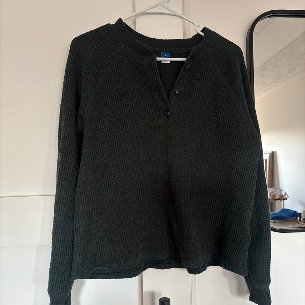 Green Waffle Knit Henley Sweater